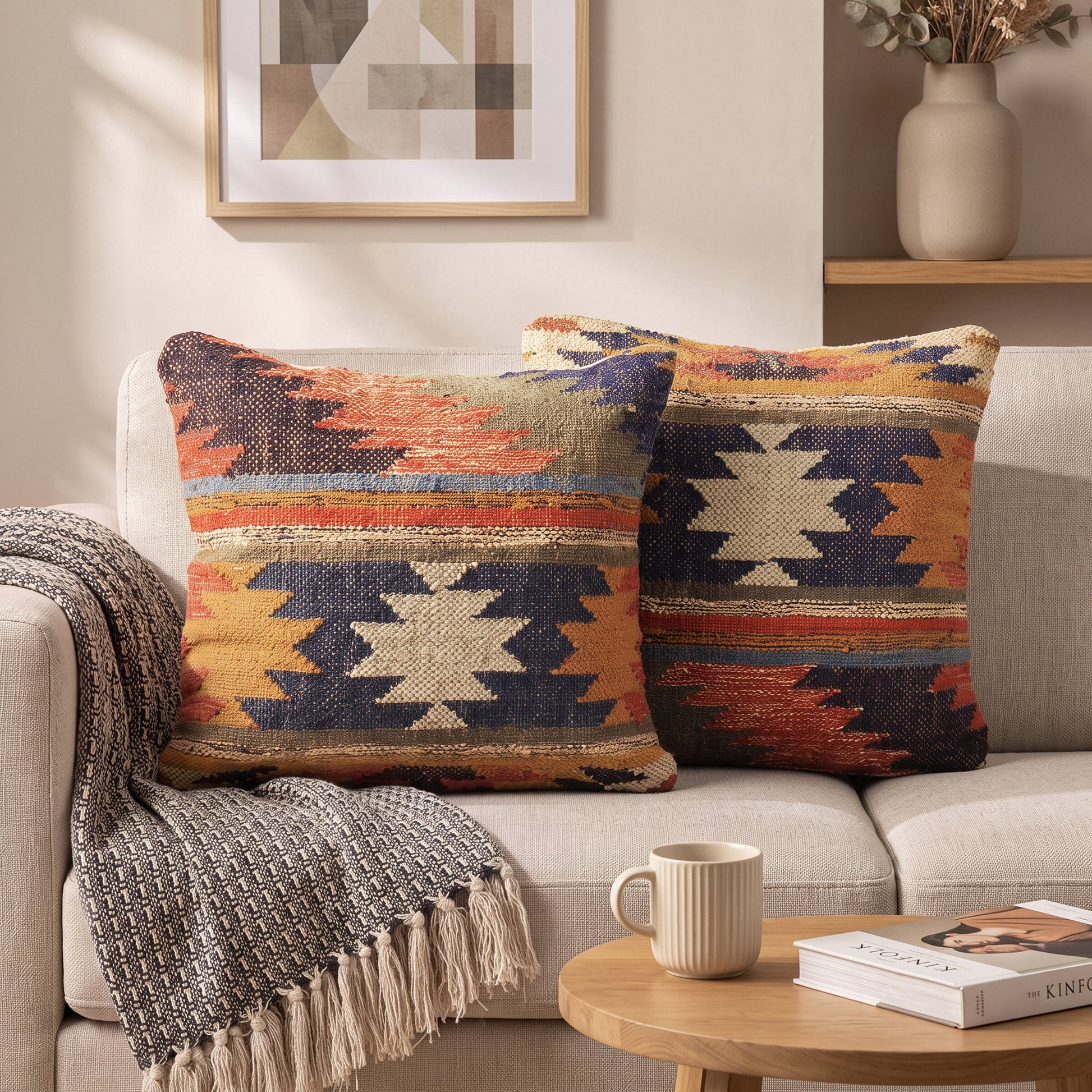 Geometrische Kissenhülle Kilim Desert in warmen Erdtönen auf einem Sofa
