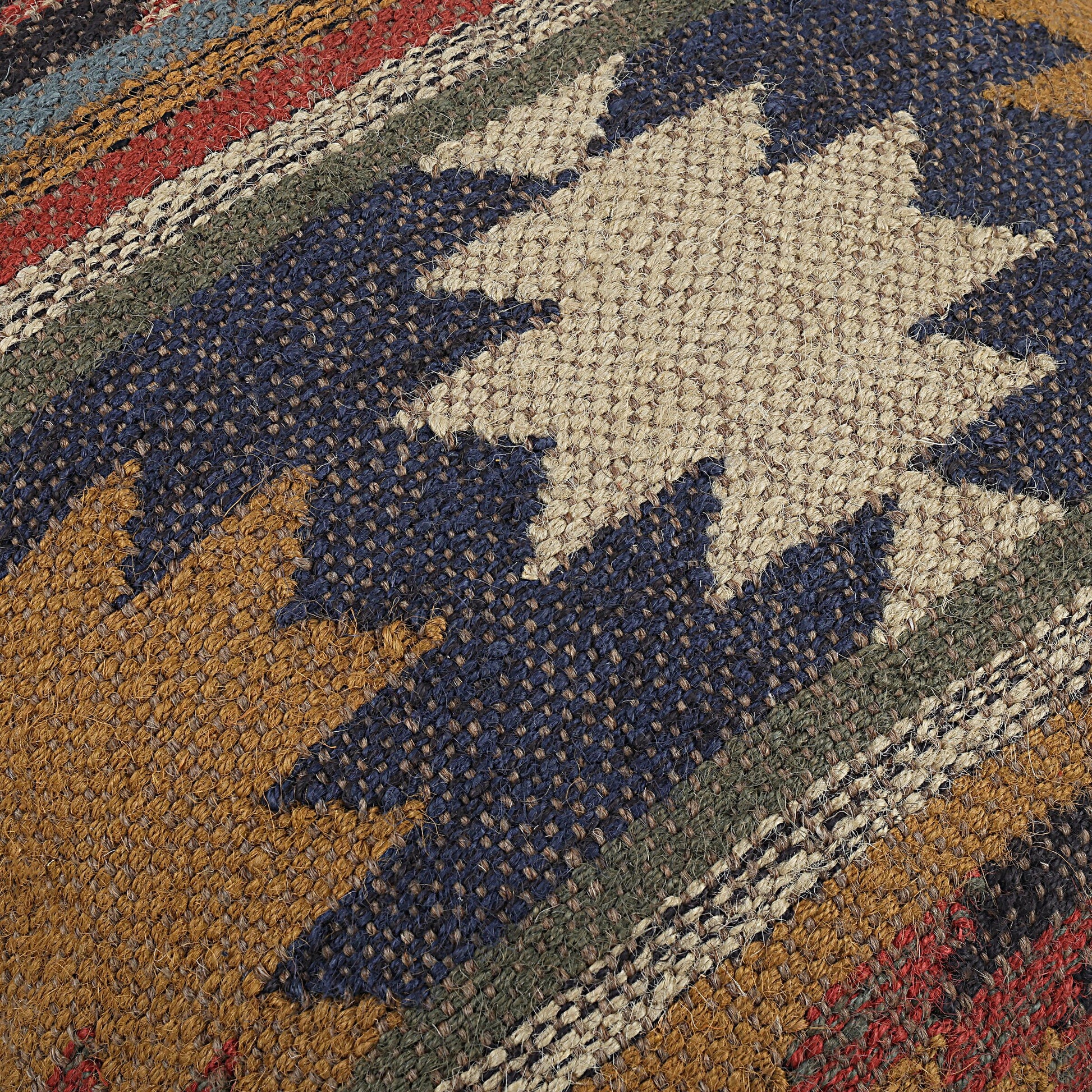 Nahaufnahme der strukturierten Oberfläche der Kissenhülle Kilim Desert